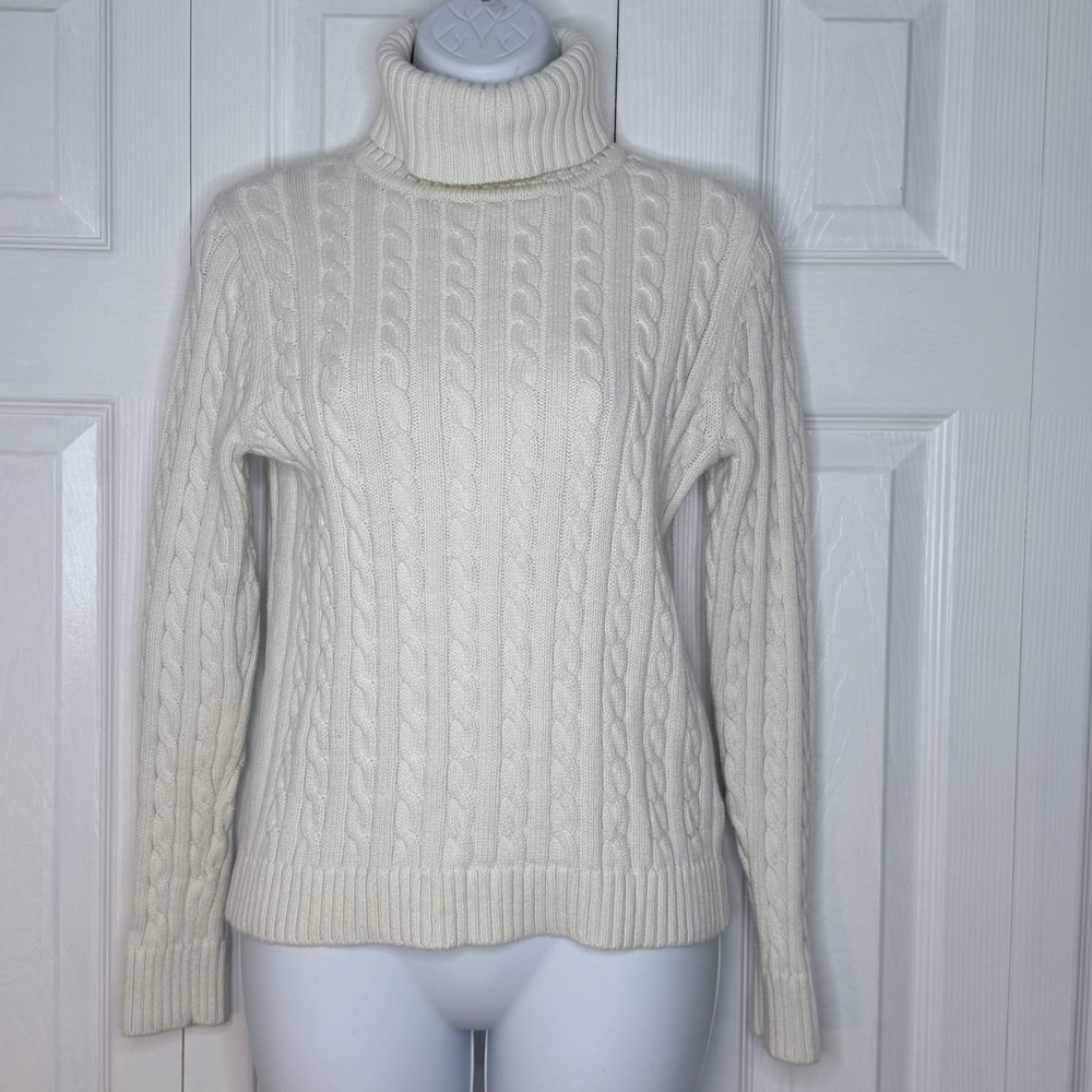 LL Bean Womens SMALL‎ 100% Cotton Cable Knit Sweater Turtleneck 267611 White